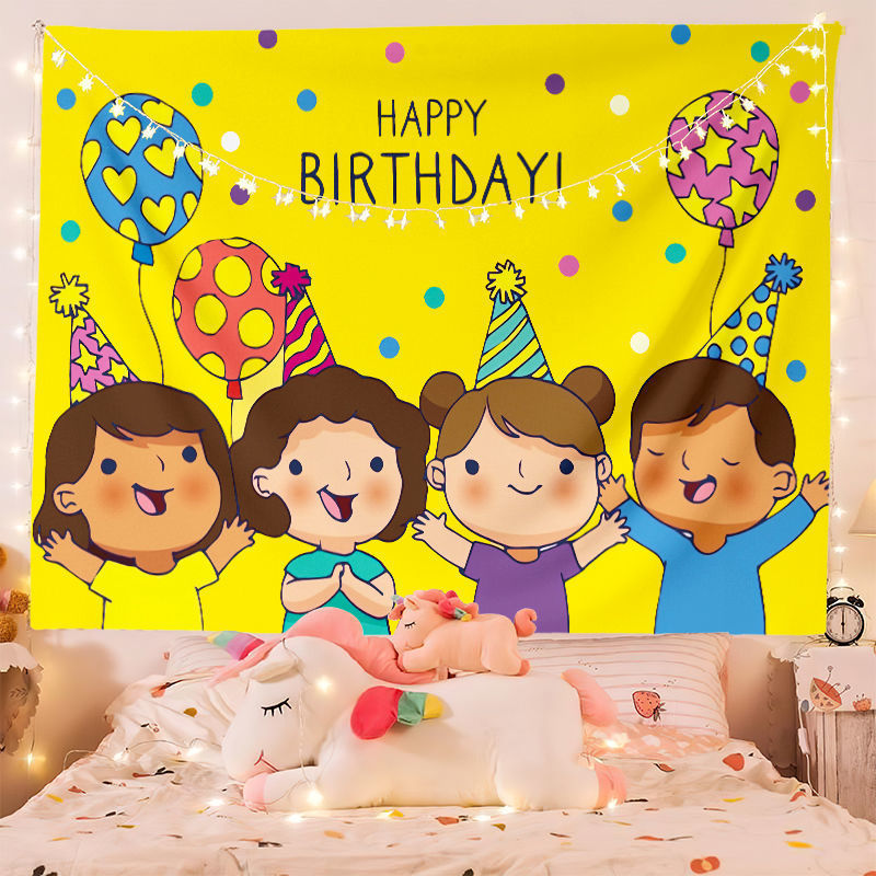 生日背景布生日快乐挂布可爱卡通派对装饰布网红墙布挂毯代发 图片