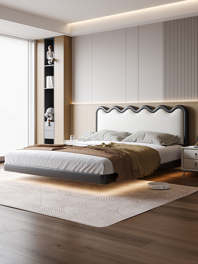 悬浮床轻奢简约现代主卧真皮床高端大气软包意式侘寂风悬空皮艺床