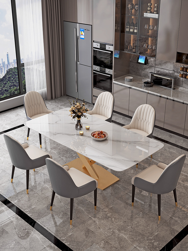 轻奢亮光岩板餐桌椅组合家用小户型吃饭桌现代简约高端长方形餐桌