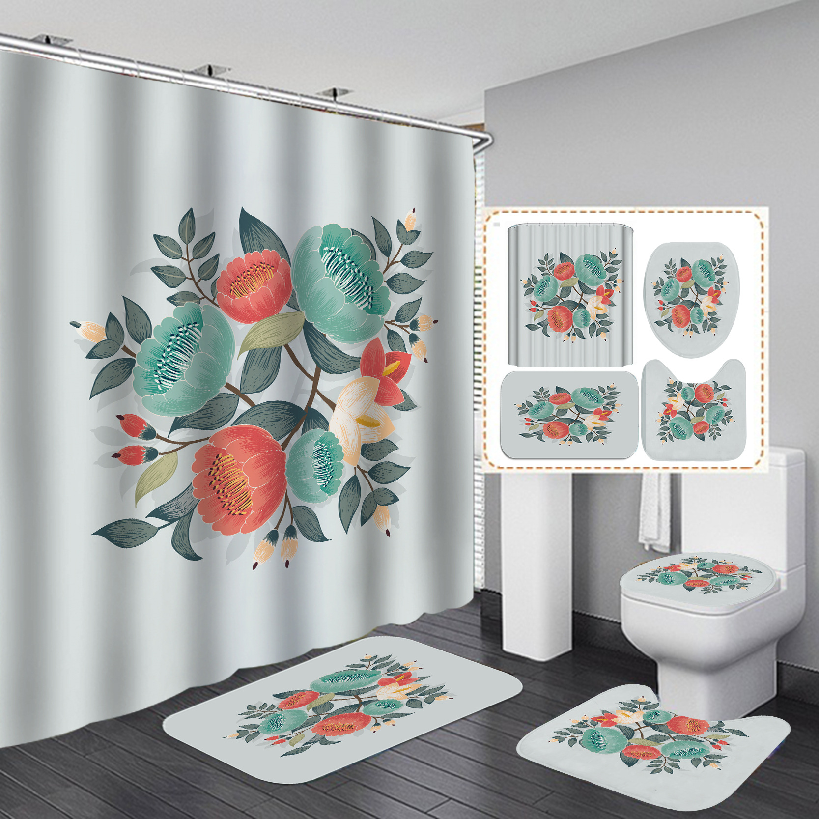 HD Digital Printing Shower Curtain Set Waterproof Punch-Free Partition Curtain Bath Curtain Hotel Toilet Rain Curtain