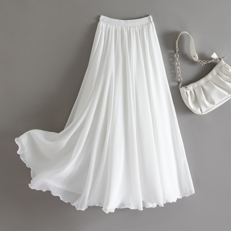 褶皱半身裙a字2022夏新款仙女高腰一步长款显瘦百褶雪纺白色裙子