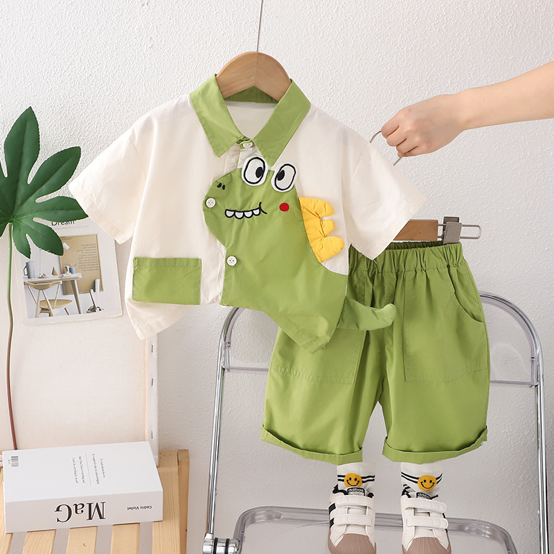 新款男童夏季短袖衬衫套装宝宝恐龙卡通衣服儿童可爱洋气两件套