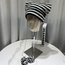 韩国设计款猫耳朵条纹毛线帽女秋冬朋克毛球针织帽保暖护耳套头帽