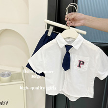 【清仓】儿童夏装男童短袖白衬衫套装宝宝衬衣学院风两件套23264