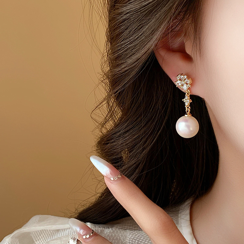 Gold Plated Silver Needle Zircon Flower Pearl Tassel Earrings Fashion Ear Studs French Style High-Grade Earrings for Women