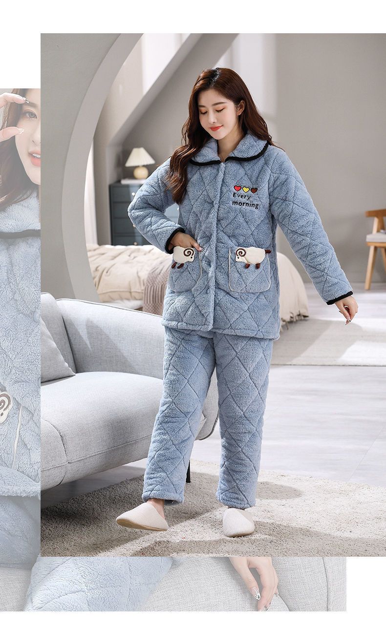 睡衣女秋冬季三层夹棉加厚加绒保暖甜美超厚珊瑚绒棉袄家居服套装