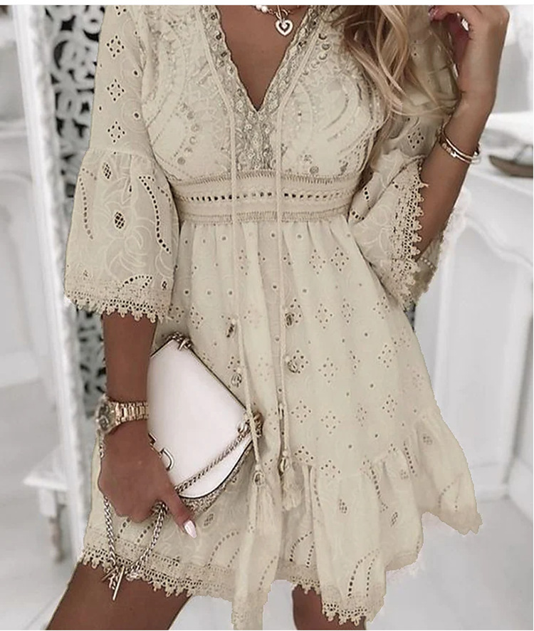 Europe and America Cross Border Foreign Trade Women's Clothing New Amazon Hot Sale White V-Collar Hollow Tassel Embroidery Dress/in Stock
