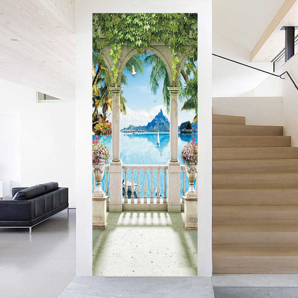 假门框浪漫海景卧室客厅门翻新改造防水防油自粘艺术装饰门贴画