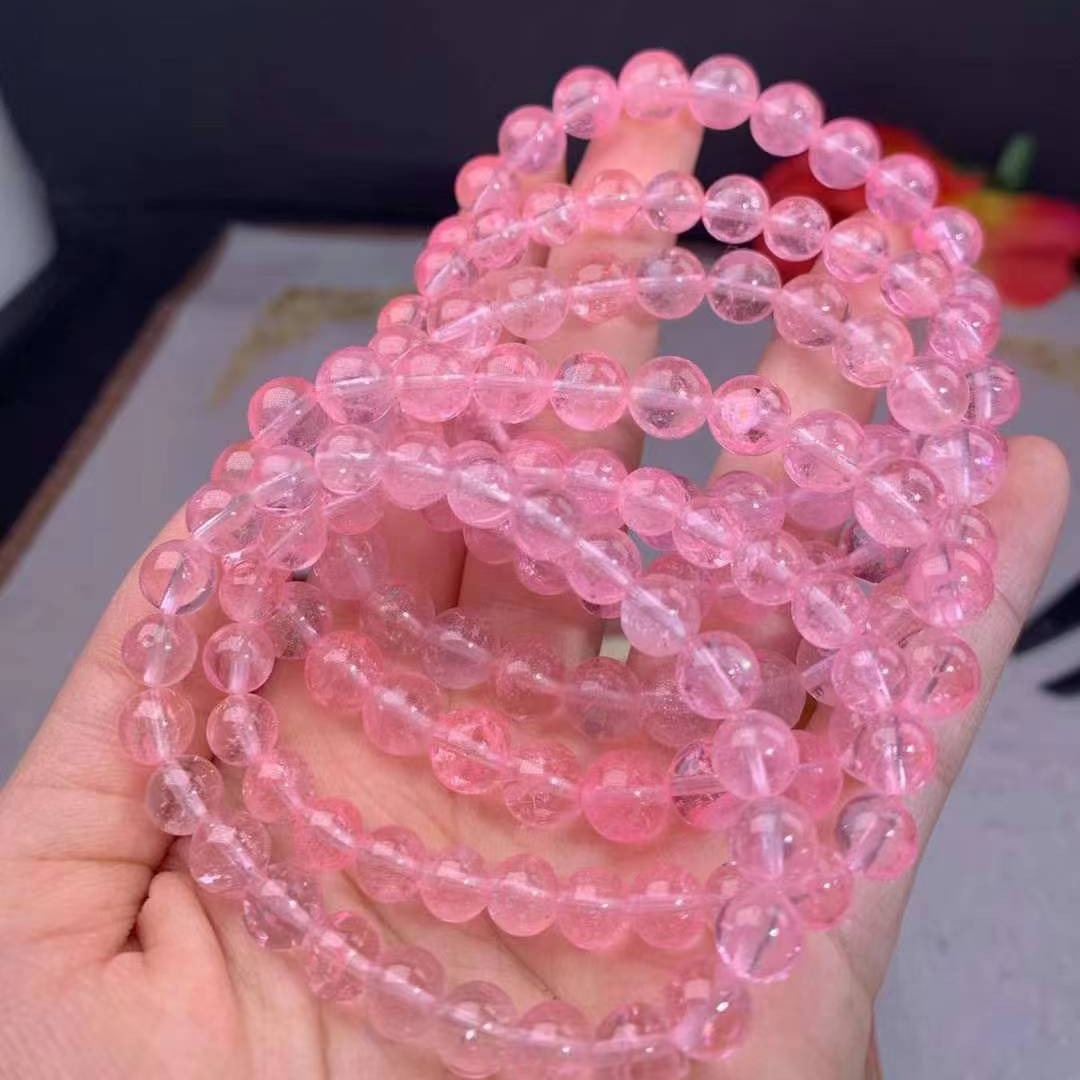 可塘批发天然托帕石圆珠单圈手链粉色托帕石色彩清新晶体通透漂亮
