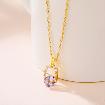 亚马逊流方形锆石吊坠项链女 ins气质网红紫水晶直播新款潮流颈链
