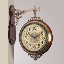 美式实木金属双面挂钟欧式客厅静音两面挂表创意大号墙钟石英钟表