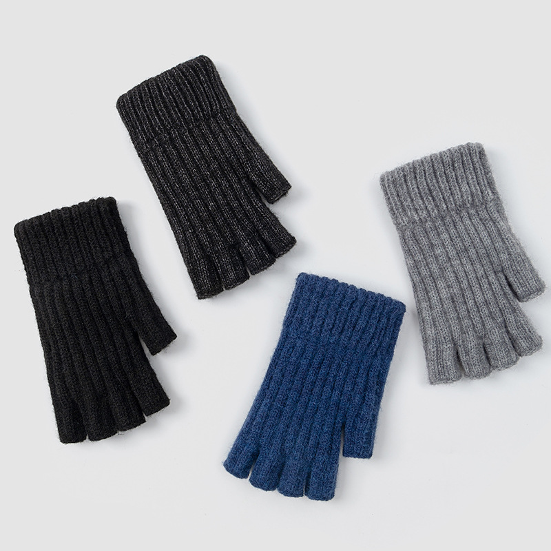 Half Finger Gloves for Male Students Autumn and Winter Flip Wool Knitted Thickened Warm Cold-Proof Open Finger Cycling Wholesale