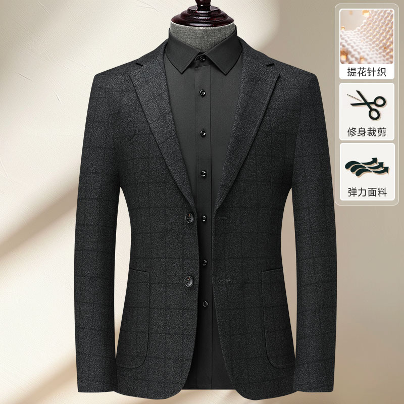 男士西服秋冬新款简约格子单西外套轻熟风中年商务休闲修身西装男