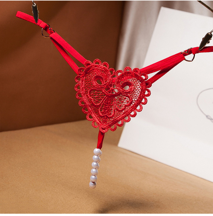 复古珍珠爱心点缀丁字裤女性感情趣超薄内裤低腰串珠诱惑女生2253