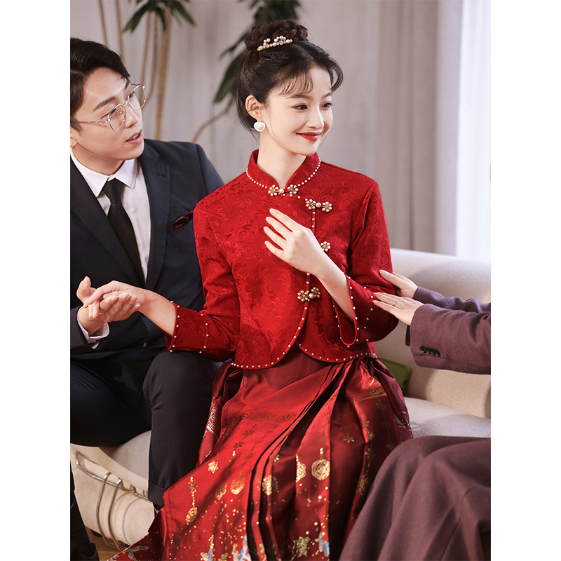 马面裙婚服敬酒服新娘2024新款春秋中式旗袍订婚结婚礼服红色套装