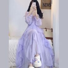 超仙气荷叶边长袖连衣裙女夏季2025年新款法式温柔风收腰显瘦长裙