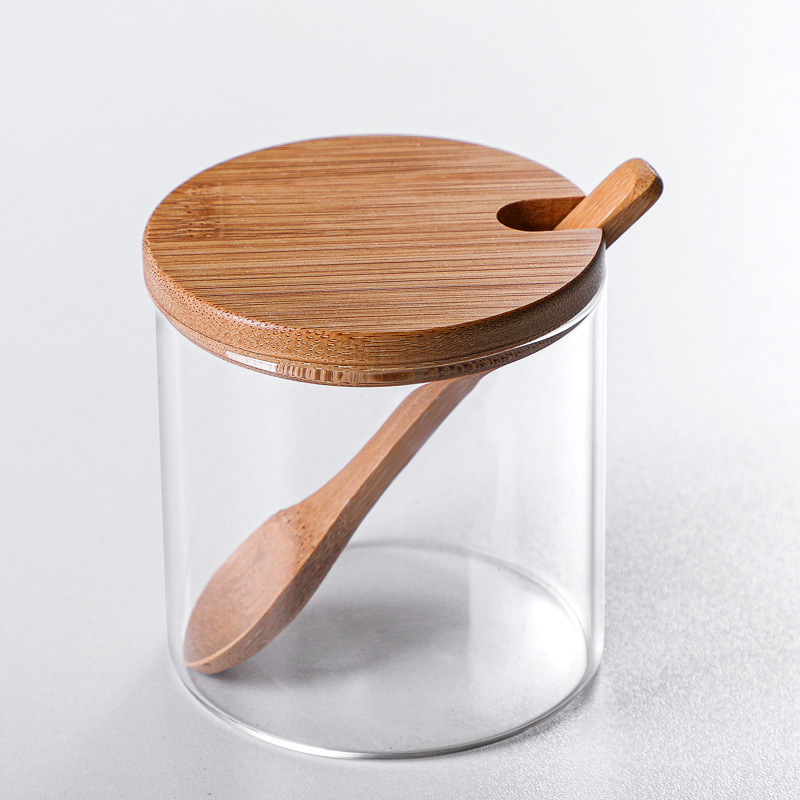 Salt and Sugar Seasoning Glass Seasoning Bottle round Storage Tank with Spoon Japanese Glass Bamboo Wood Cover Seasoning Containers Combination Suit