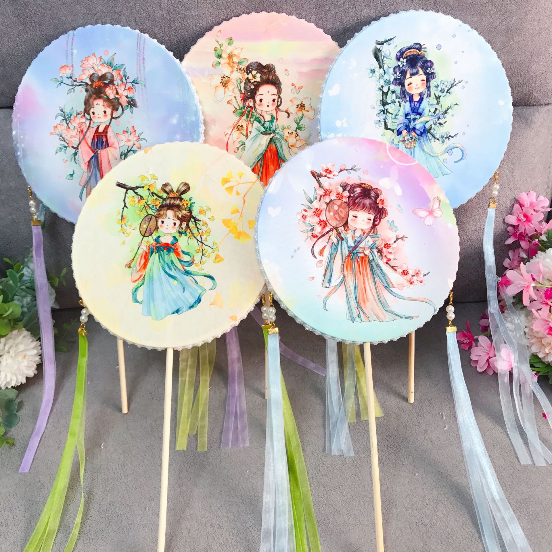 儿童印花古风团扇女童旗袍舞蹈扇女孩汉服扇子中国风古典配饰批发