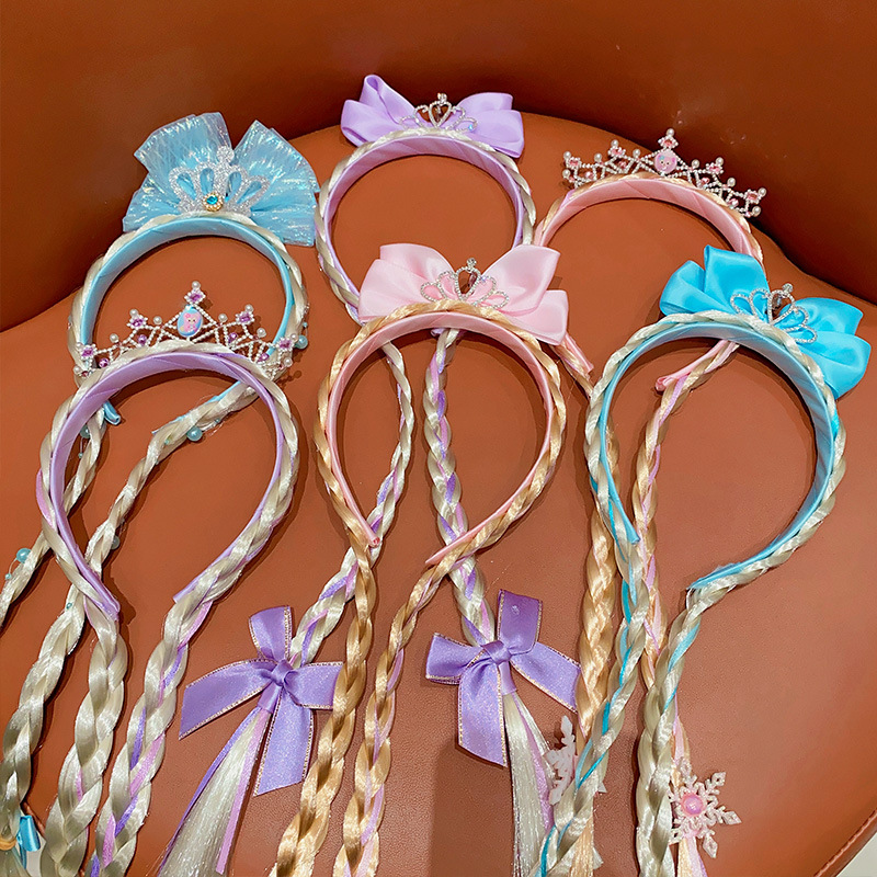 Children's Mesh Headband Girls Frozen Elsa Crown Headband Princess Wig Braid Cute Hairpin Hair Accessories