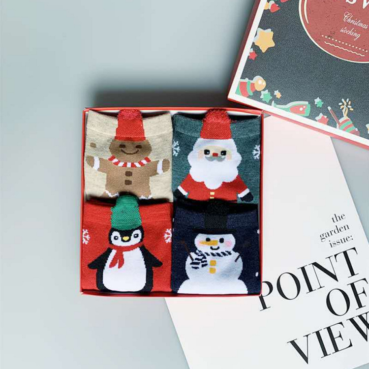 Women's Cotton Cartoon Spring Socks Santa Claus Snowflake Tube Socks Christmas Stockings Gift Box Red Socks Boxed