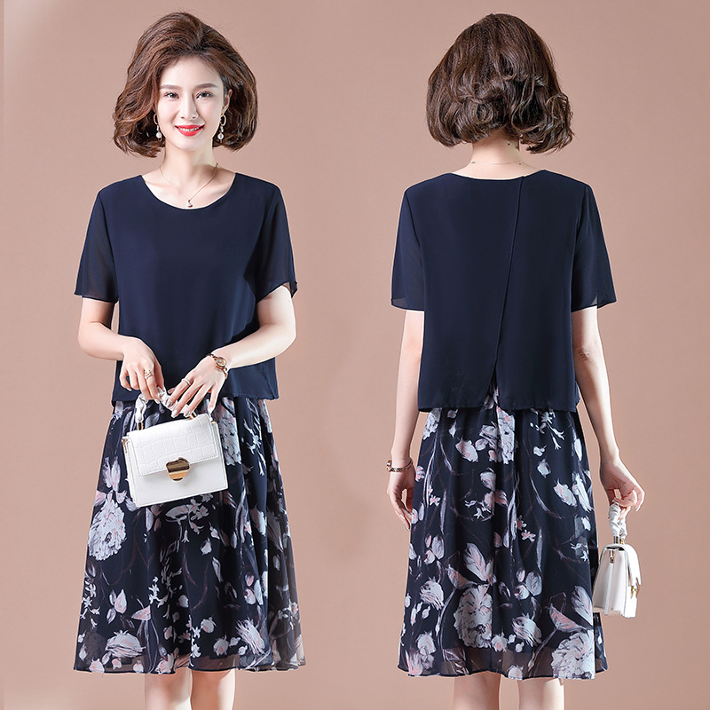 50岁小个子中年妈妈夏装雪纺连衣裙洋气短袖中老年女装裙子短款夏