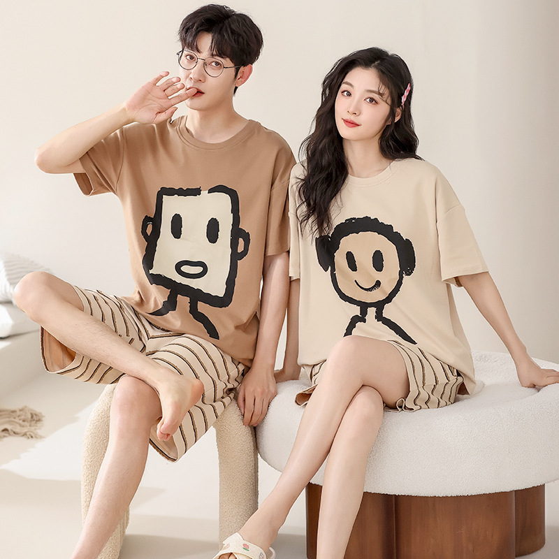 Couple Pajamas Pure Cotton Short Sleeve Short Pants Summer Men's and Women's Sweet Cute Cartoon plus Size Can Be Outerwear Homewear Suit