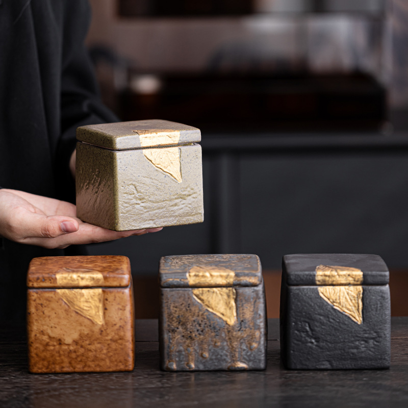金枝玉叶四方茶叶罐粗陶密封存茶罐茶盒陶瓷香粉罐复古茶叶储存罐