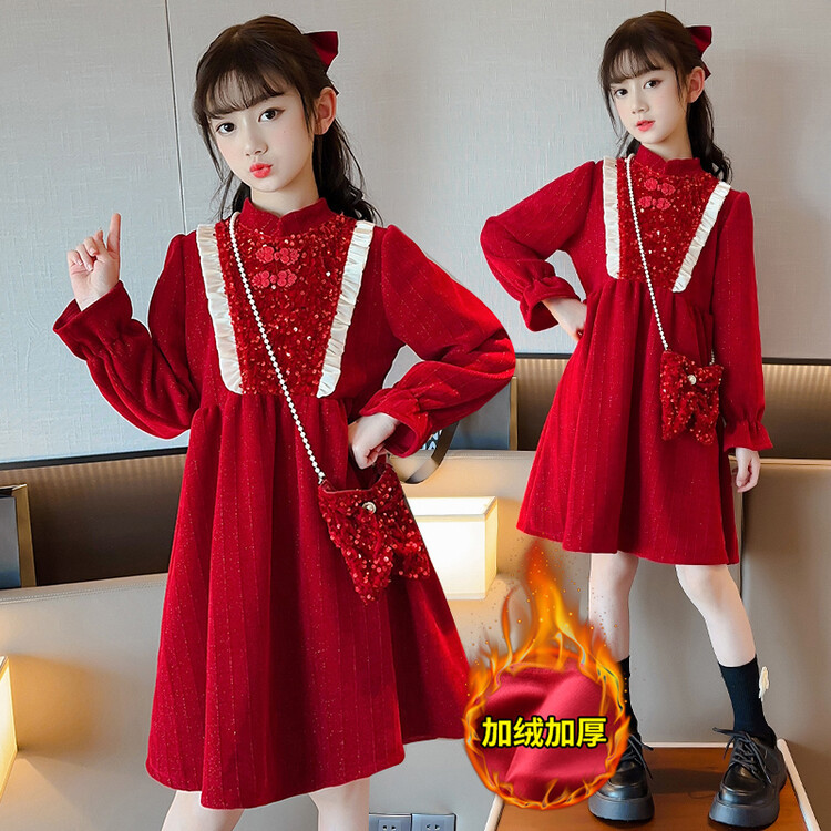 女童公主裙加绒秋冬季加厚雪尼尔新年亮丝红色连衣裙年服跨境代发
