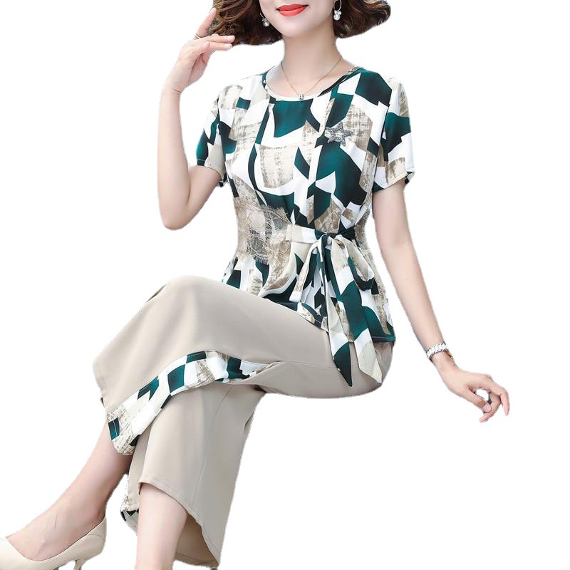 2023 Middle-Aged Mom Summer Clothes Women's Chiffon Shirt Short-Sleeved Two-Piece Suit Middle-Aged Wide-Leg Pants Fashion Suit plus Size