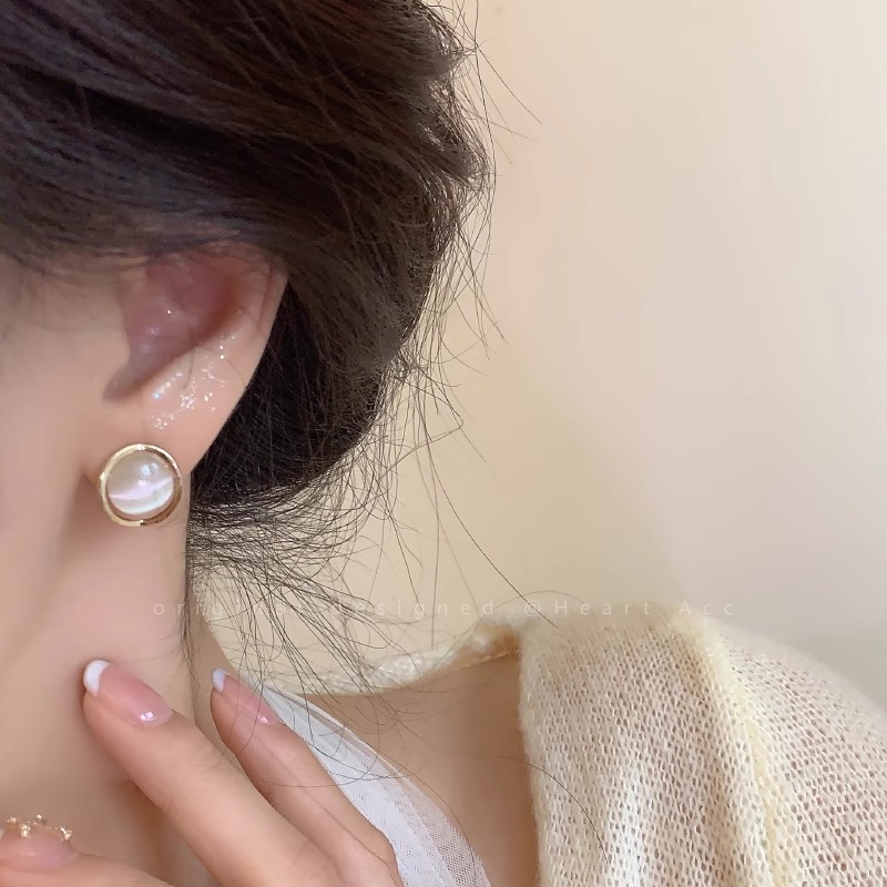 Light Luxury round Opal Stone Ear Studs Women's Niche Design Earrings Retro Hong Kong Style High-Grade Simple and Elegant Earrings