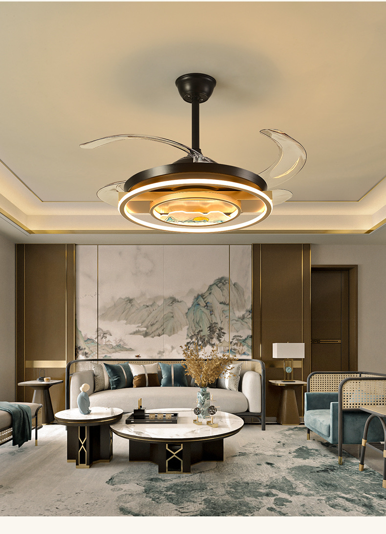 新中式吊扇灯带电风扇家用客厅卧室隐形led书房餐厅茶室会所灯具