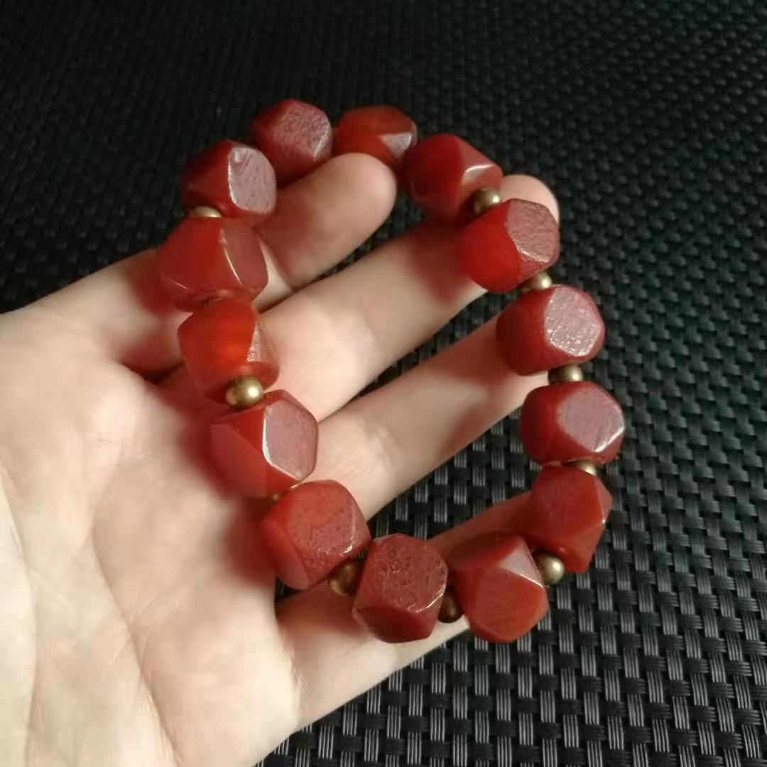 古玩收藏唐八棱红玛瑙珠子手链手串柿子红多棱玛瑙男士手串手链