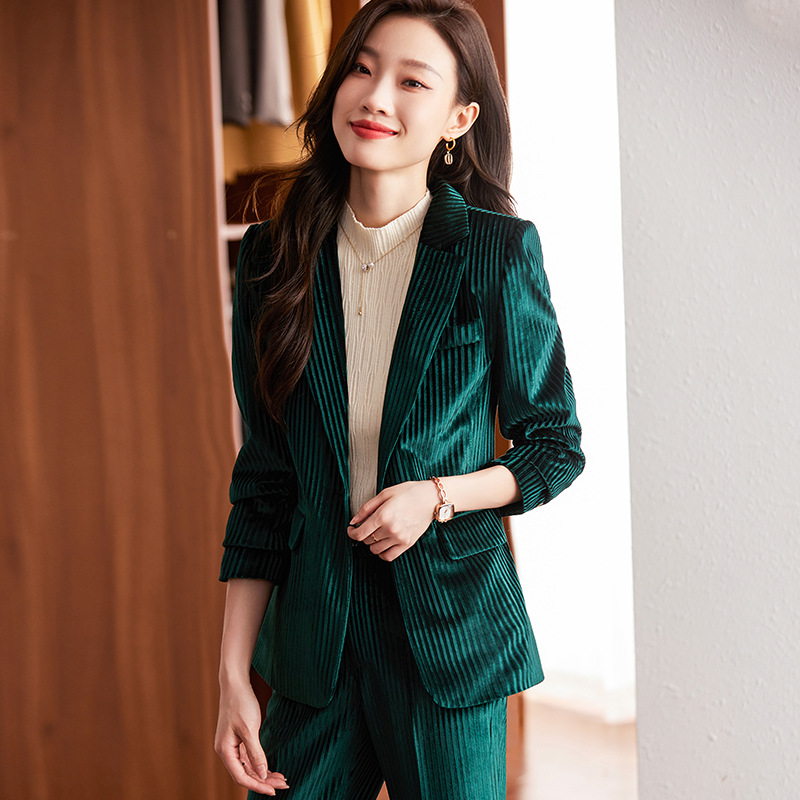 高档金丝绒灯丝西装外套女两件套春秋时尚气质欧货感职业西服套装