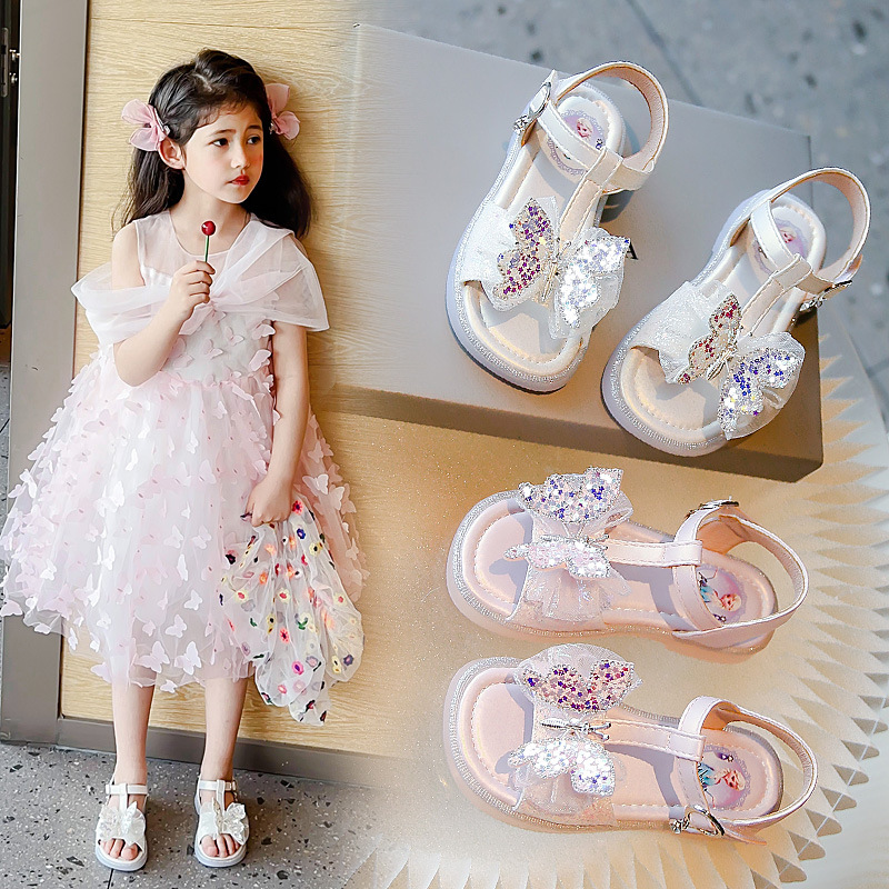 2024女童凉鞋新款蝴蝶结公主鞋露趾沙滩鞋可爱凉鞋批发立体童鞋
