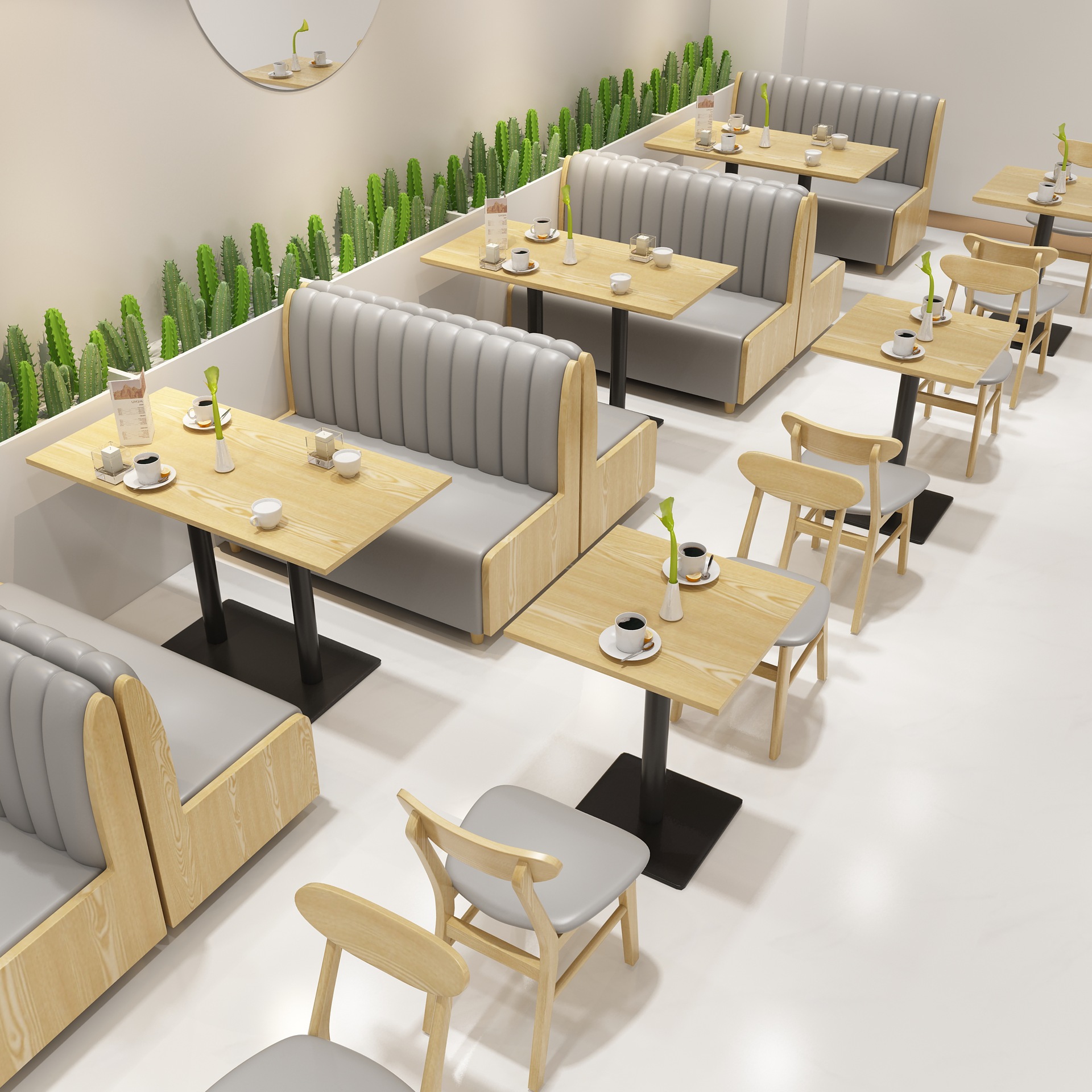 简约休闲奶茶店靠墙卡座沙发咖啡厅甜品汉堡店西餐厅实木桌椅组合