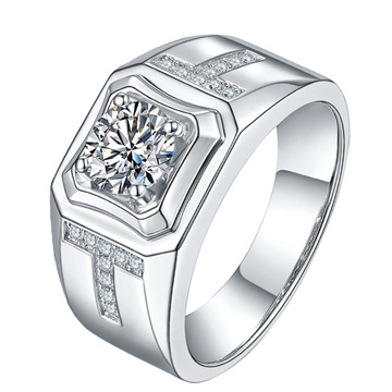 低调内涵仿莫桑石镶钻t字母戒指 镶嵌钻石戒指2克拉型男婚戒