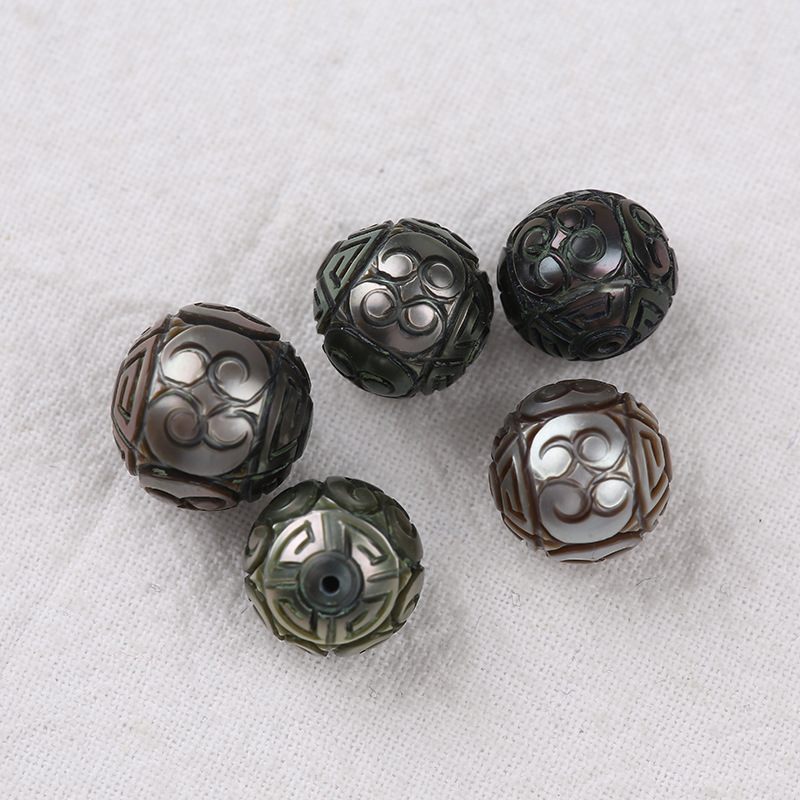 真正海水珍珠雕刻珠11-14mm黑色粉色黄色圆形珍珠散珠diy原材料