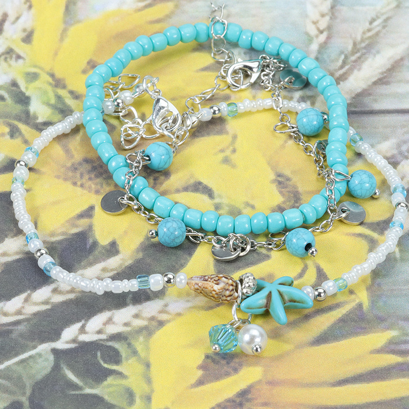 Amazon Hot Sale New Turquoise Starfish Turtle Multi-Layer Anklet Vintage Beach Surfing Anklet Set in Stock