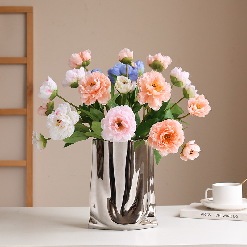 orange home new simulation single stem 3 heads taoyao peony hotel wedding celebration decoration flower arrangement peony artificial flower