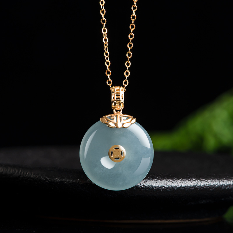 高档天然a货翡翠蓝水平安扣吊坠冰种玉石18k镶嵌挂件女士项链时尚