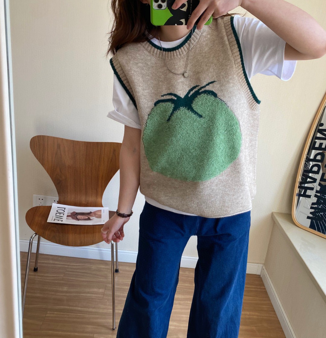 学院风针织马甲女设计感小众绿番茄宽松百搭背心22春季新潮02252