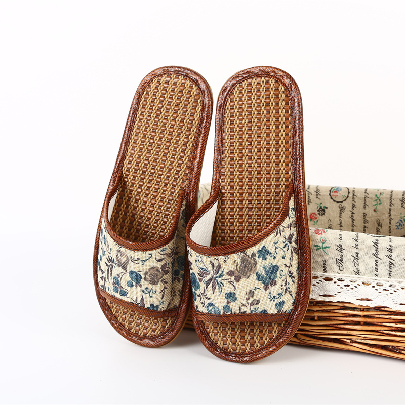 夏季竹编藤草情侣凉席拖鞋室内防滑底亚麻男家用女无声吹气底