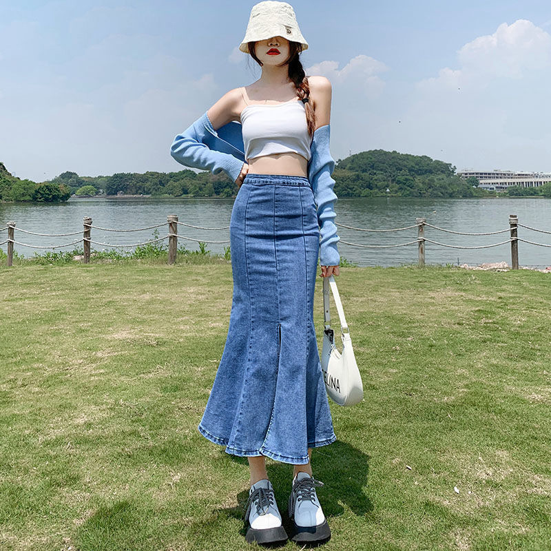 设计感牛仔裙女前后两穿弹力半身包臀裙韩版百搭小个子开叉鱼尾裙