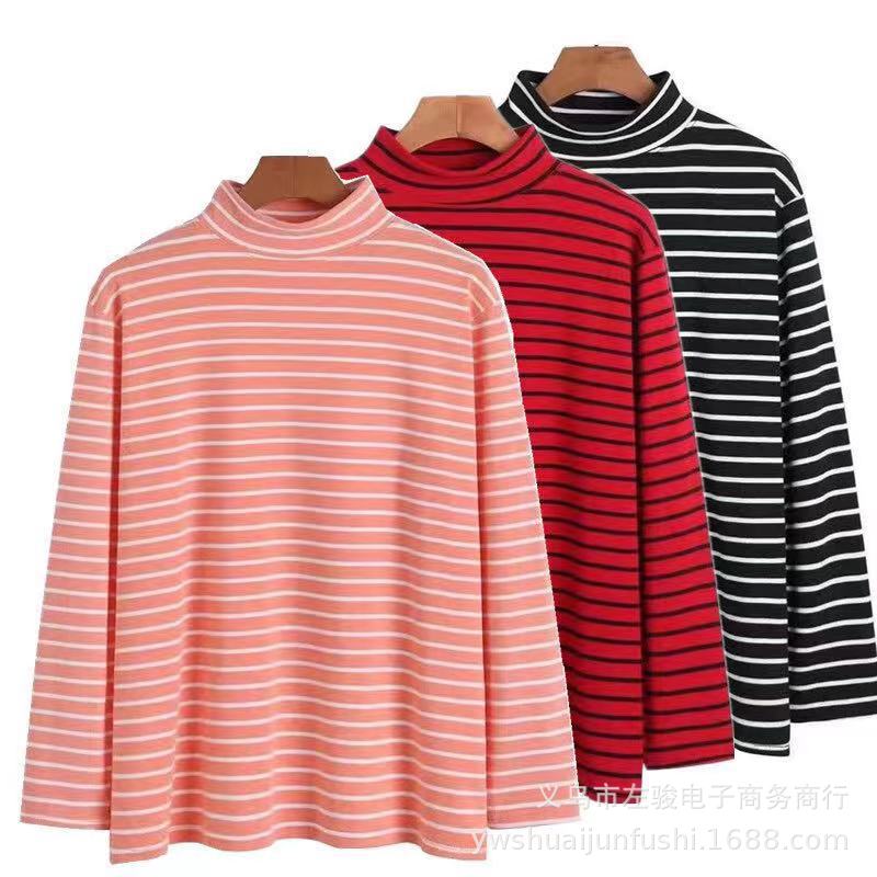 Spring and Autumn Mom Wear Casual Style Japanese and Korean Striped Double-Sided Dralon Half Turtleneck Regular Women's Bottoming Shirt Wholesale