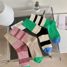 新款日系双针拼色AB款女袜韩国复古撞色条纹中筒袜ins堆堆袜子