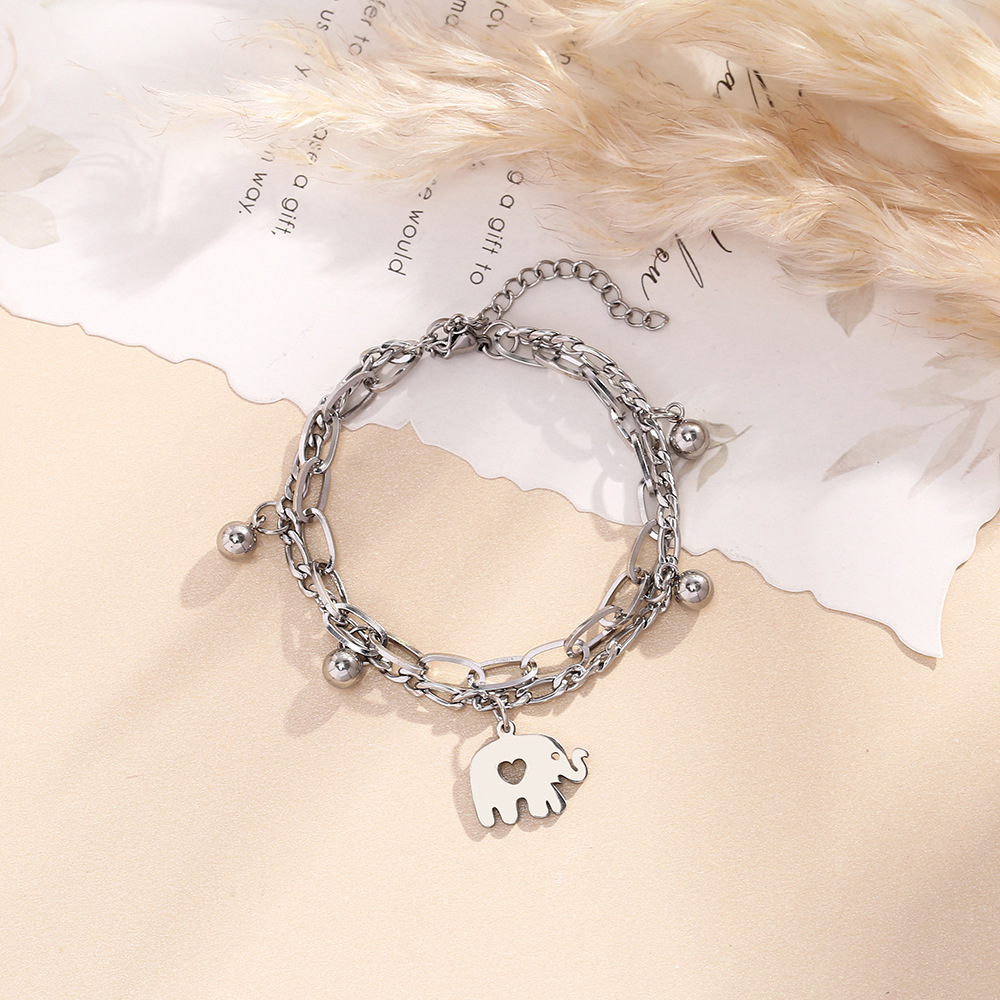 All-Matching Japanese and Korean Style Cool Elephant Titanium Steel Bracelet Special-Interest Design Student Minimalist round Beads Double Chain Stitching Chain