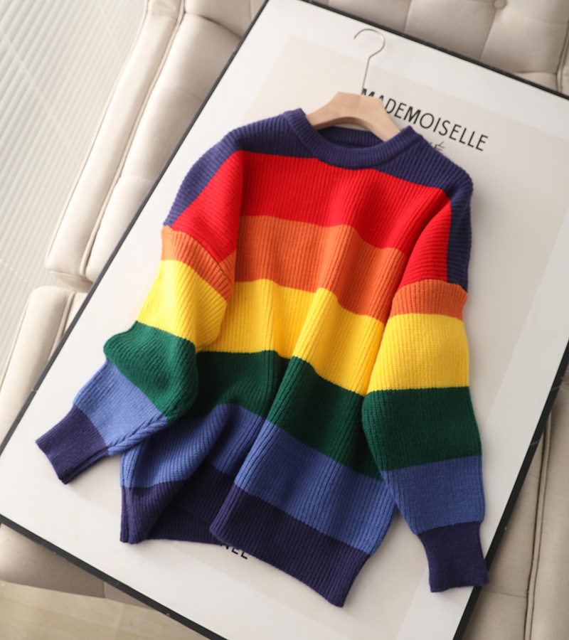 彩虹毛衣慵懒宽松外穿秋冬新款条纹撞色遮肚叠穿外套针织衫上衣女