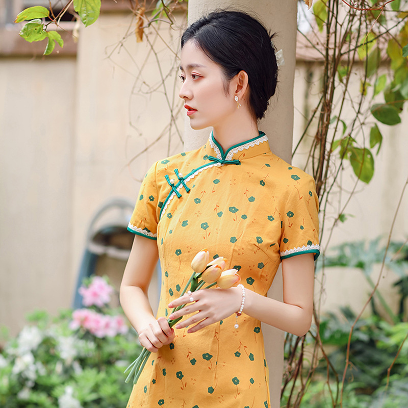 时尚一字扣短款小清新少女棉旗袍 绿边波点小性感斜襟旗袍现货