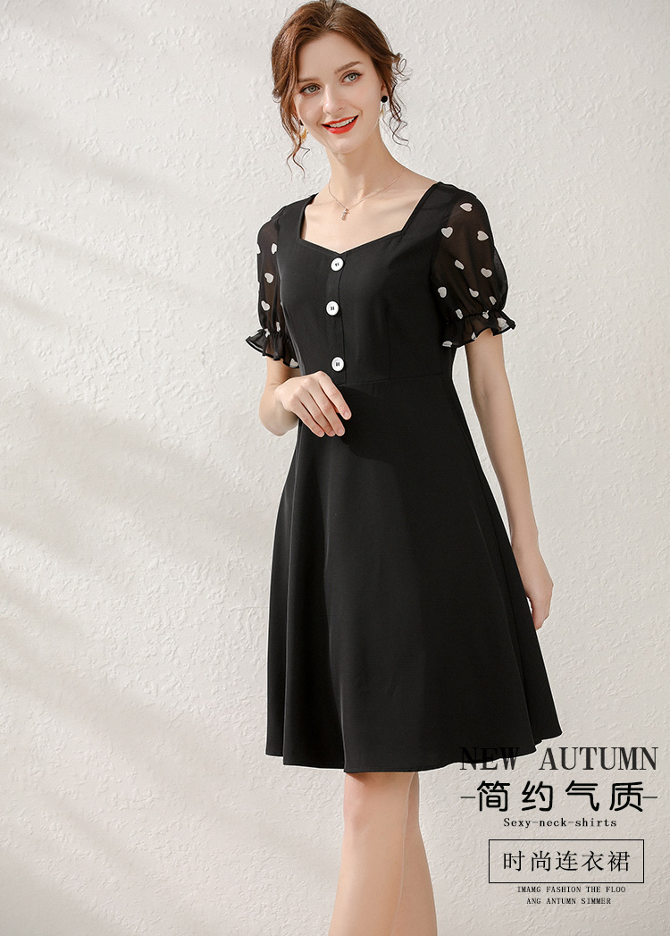 特价清仓不退不换大码女装雪纺拼接纽扣装饰方领洋气连衣裙c73320