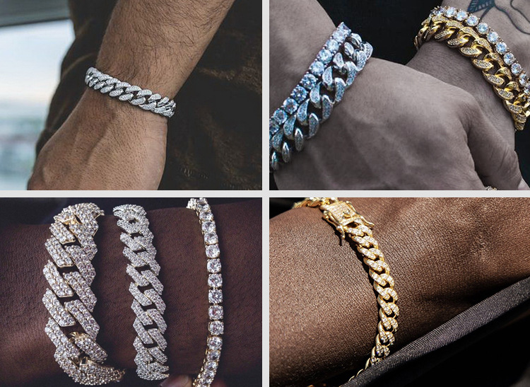 跨境货源欧美潮流可定制古巴链多色双排镶钻古巴链批发男士古巴链